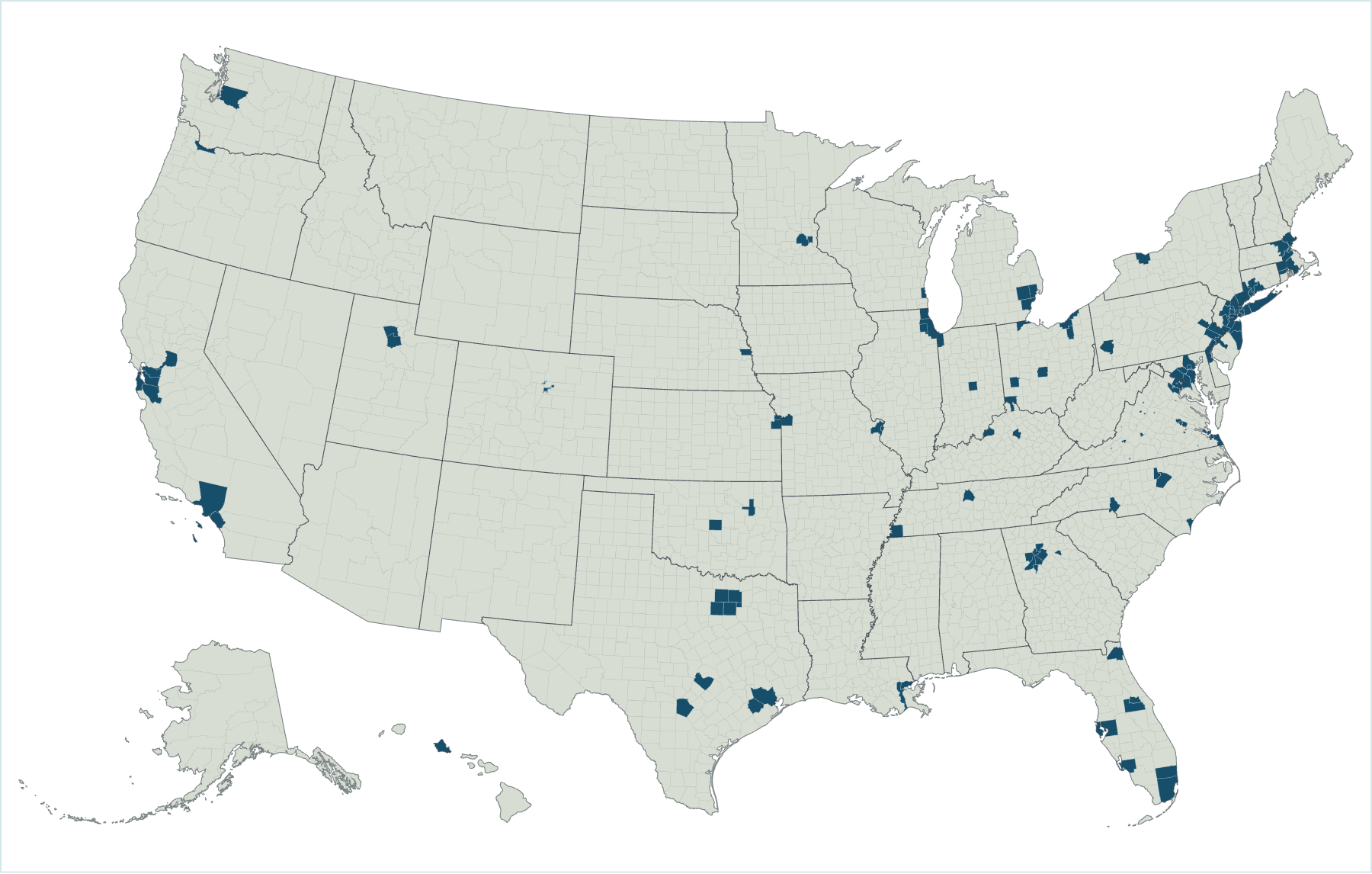 Map showing U.S. counties with at least 1,000 people per square mile
